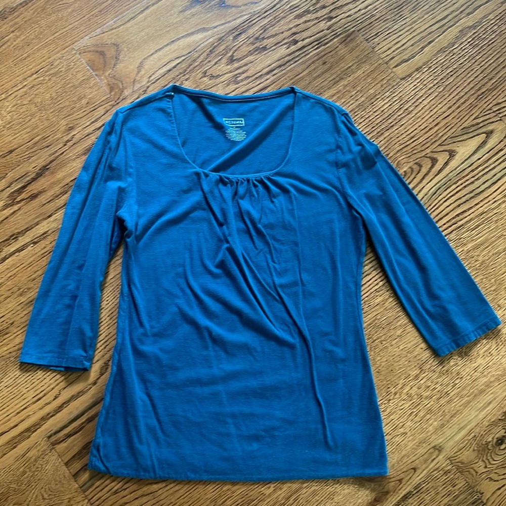 3/4 sleeve Merona cotton/lycra shirring front scoop neck in teal blue